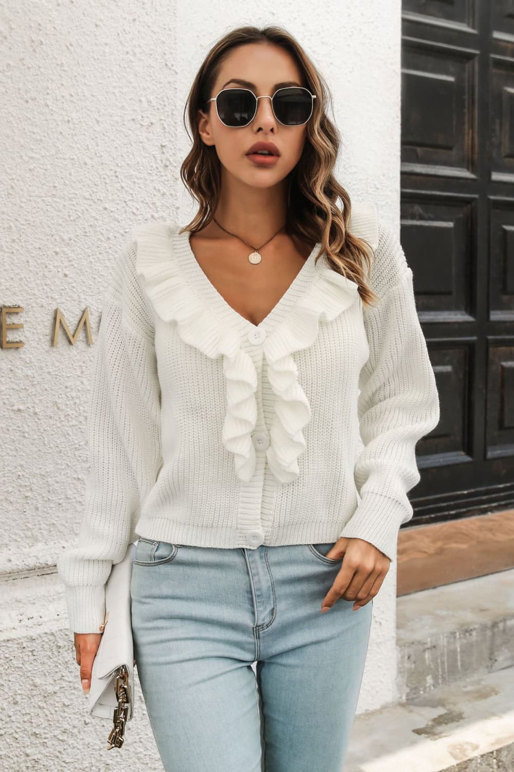 Ruffle Trim Button-Down Dropped Shoulder Sweater